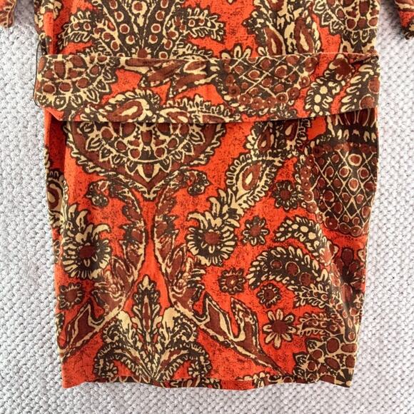 Talbots Dress Womens 8 Orange Paisley Pineapple Linen Midi Belted Half Sleeve - Picture 9 of 12